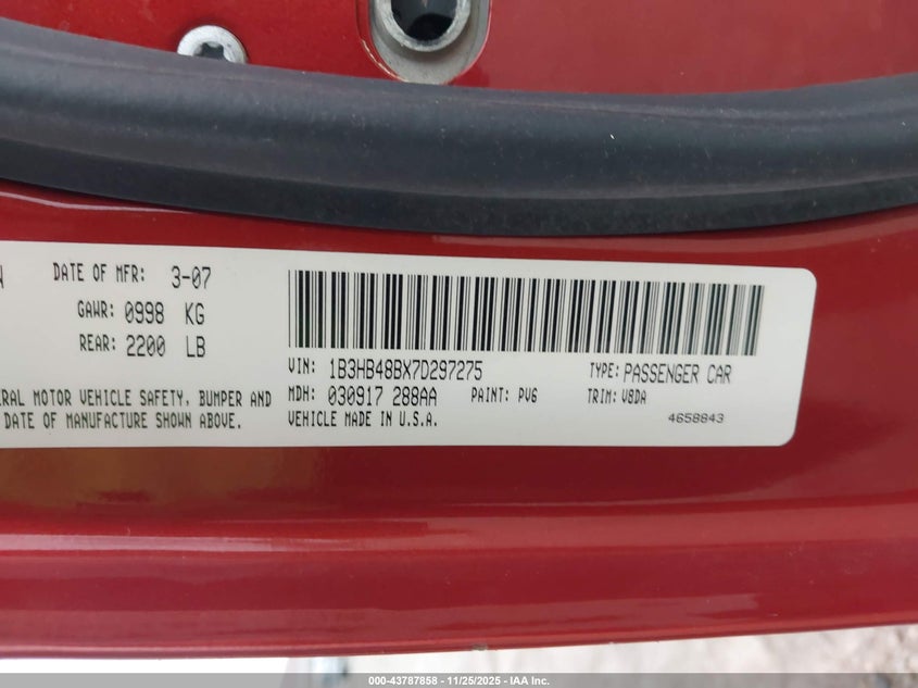 2007 Dodge Caliber Sxt VIN: 1B3HB48BX7D297275 Lot: 43787858