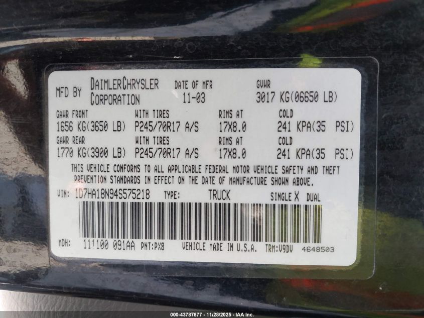 2004 Dodge Ram 1500 Slt/Laramie VIN: 1D7HA18N94S575218 Lot: 43787877