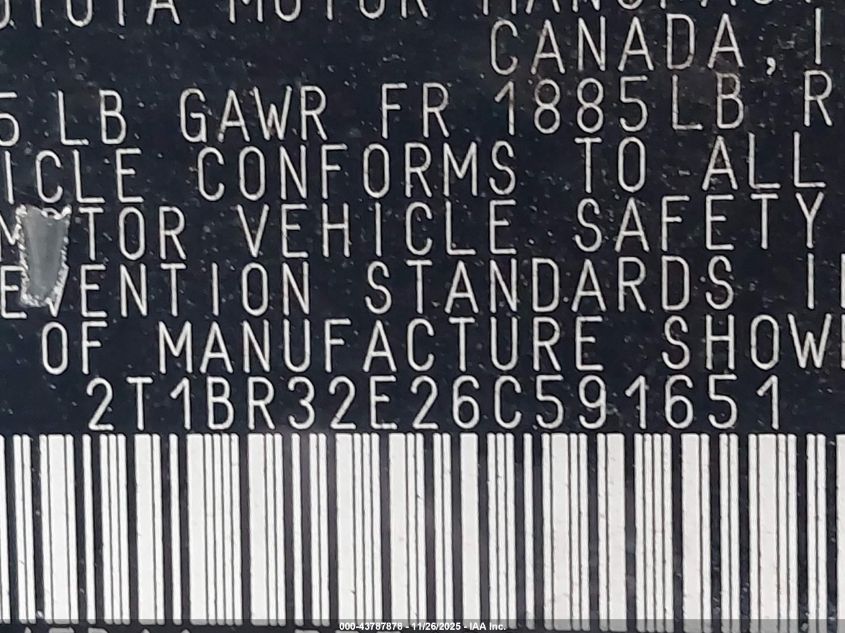 2006 Toyota Corolla Le VIN: 2T1BR32E26C591651 Lot: 43787878