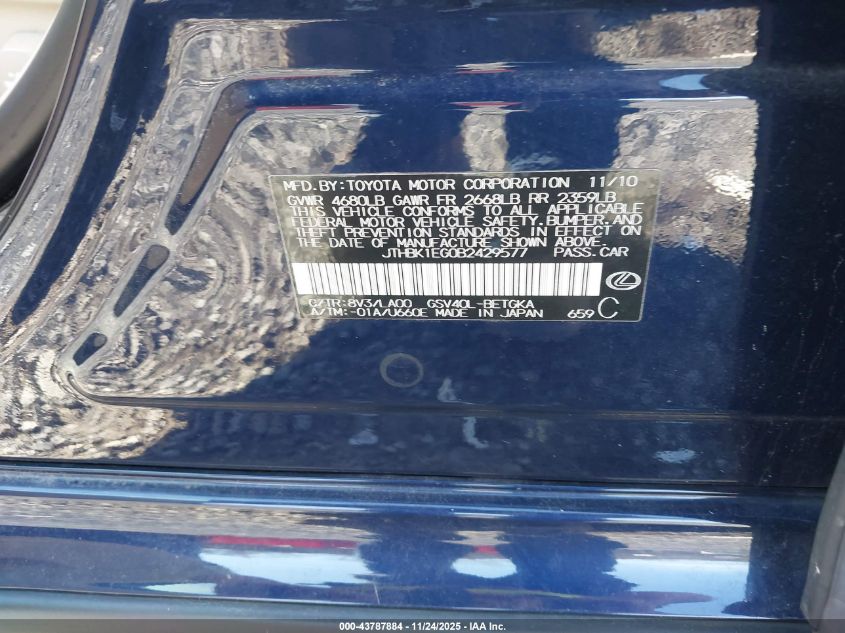 2011 Lexus Es 350 VIN: JT8BK1EG0B2429577 Lot: 43787884