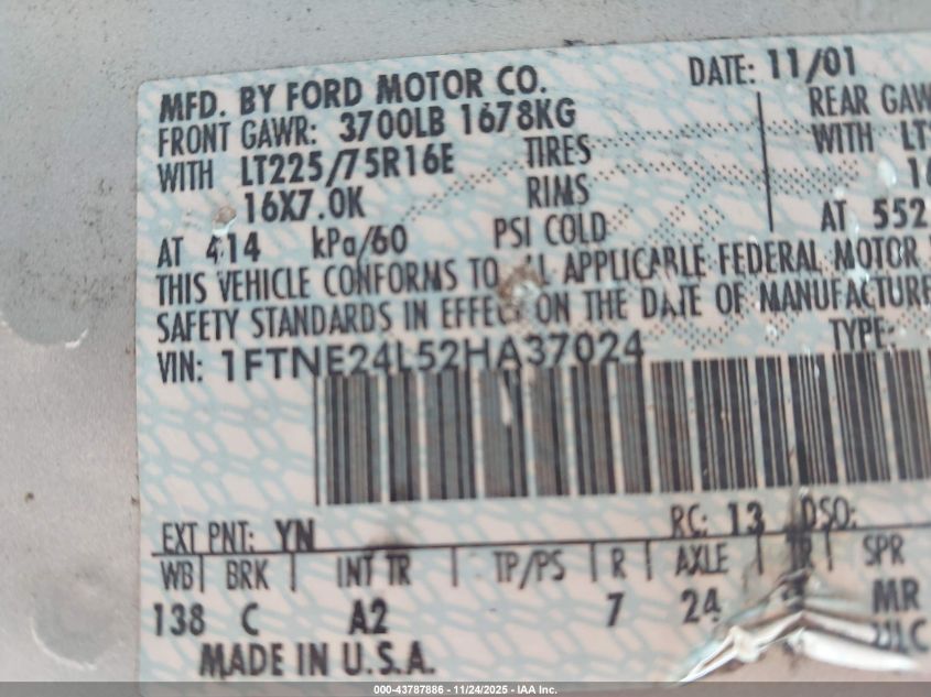 2002 Ford E-250 Commercial/Recreational VIN: 1FTNE24L52HA37024 Lot: 43787886