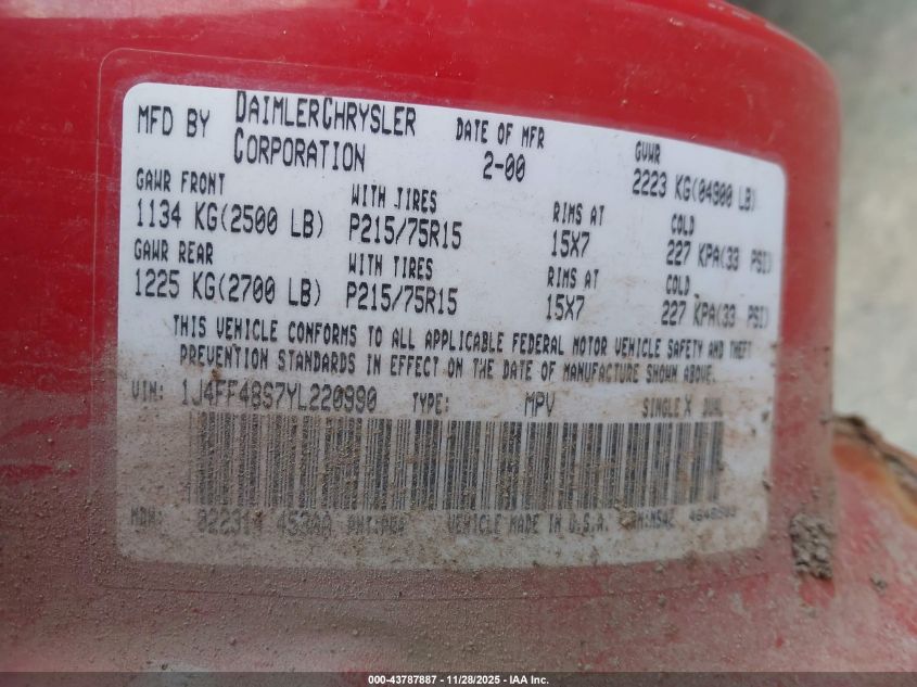 2000 Jeep Cherokee Sport VIN: 1J4FF48S7YL220990 Lot: 43787887