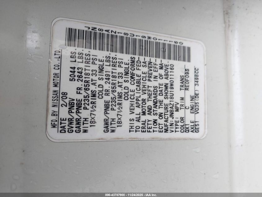 2009 Nissan Murano S VIN: JN8AZ18U19W011160 Lot: 43787900