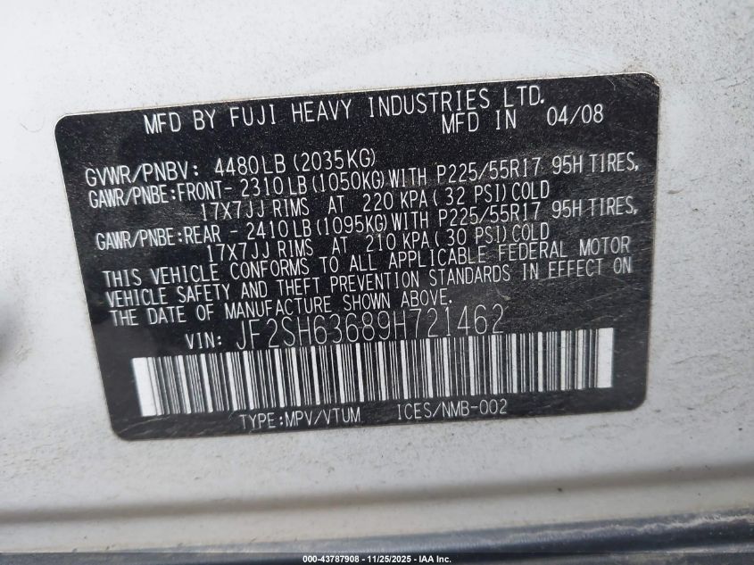 2009 Subaru Forester 2.5X VIN: JF2SH63689H721462 Lot: 43787908