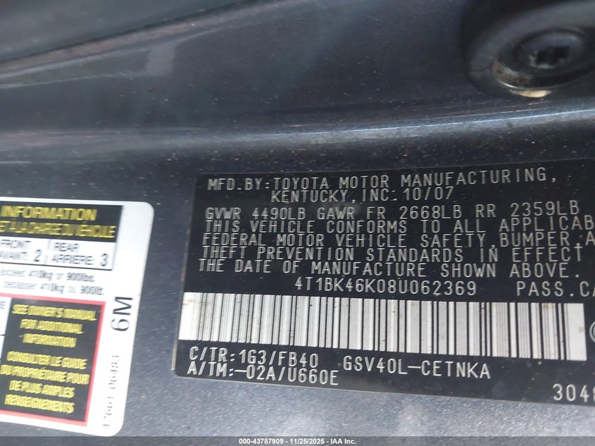 4T1BK46K08U062369 2008 TOYOTA CAMRY photo no. 9