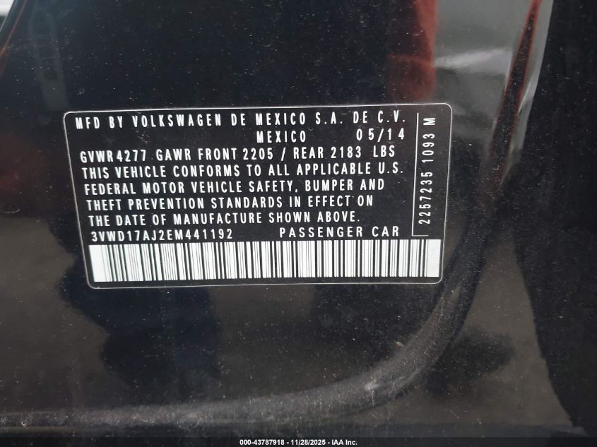2014 Volkswagen Jetta 1.8T Se VIN: 3VWD17AJ2EM441192 Lot: 43787918