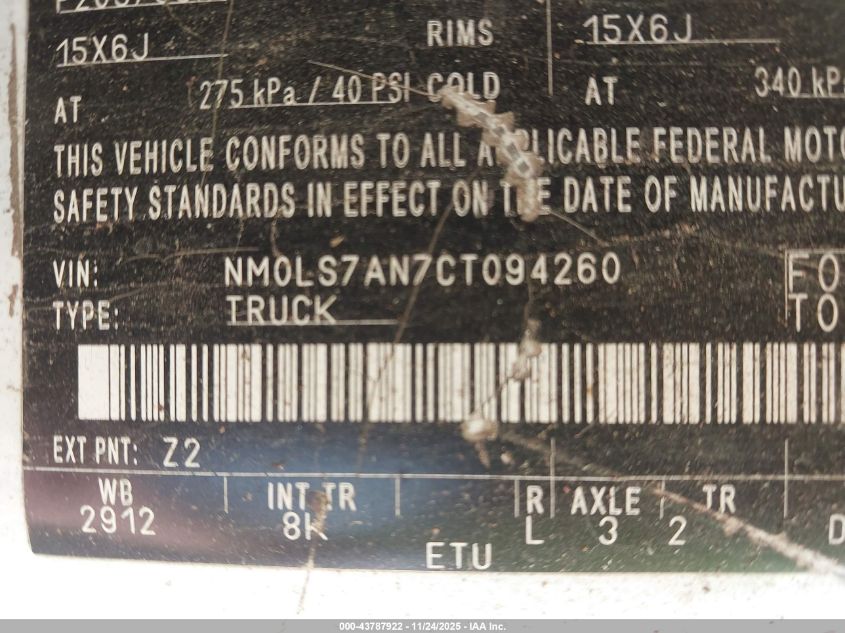 2012 Ford Transit Connect Xl VIN: NM0LS7AN7CT094260 Lot: 43787922