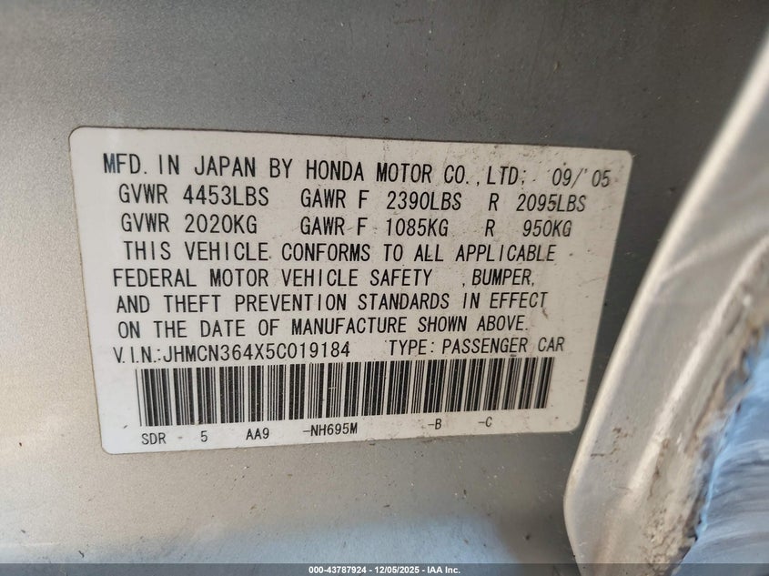 JHMCN364X5C019184 2005 HONDA ACCORD photo no. 9
