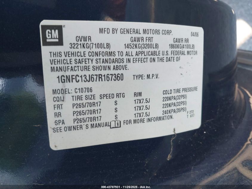 2007 Chevrolet Tahoe Lt VIN: 1GNFC13J67R167360 Lot: 43787931