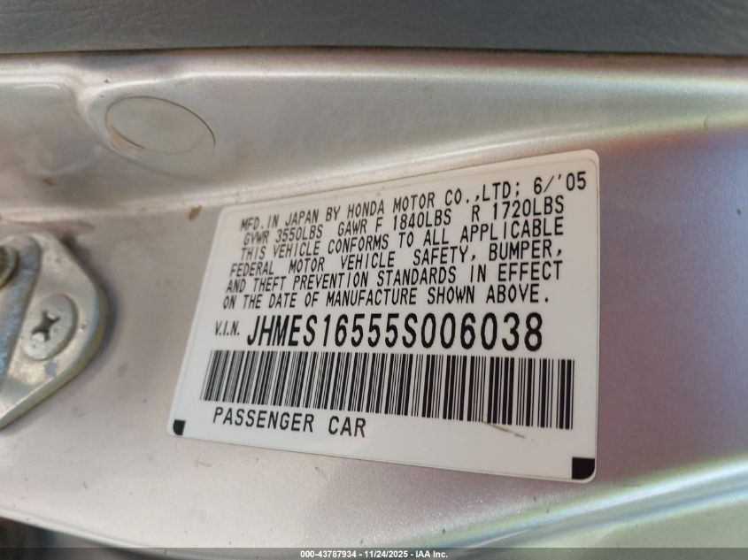 2005 Honda Civic Lx VIN: JHMES16555S006038 Lot: 43787934