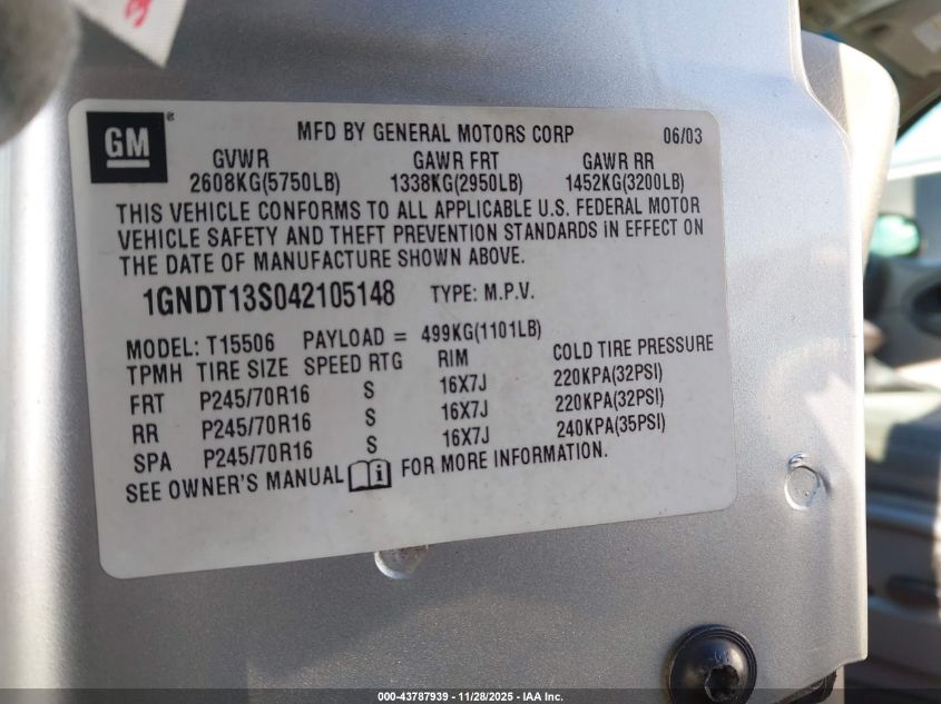 2004 Chevrolet Trailblazer Lt VIN: 1GNDT13S042105148 Lot: 43787939