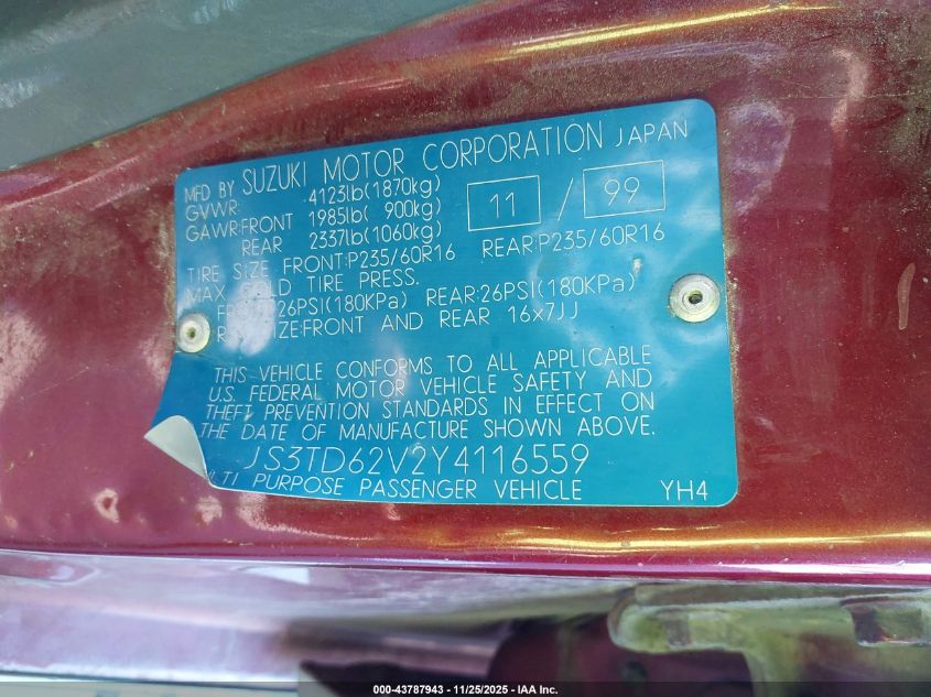 2000 Suzuki Grand Vitara Jlx/Jlx+/Limited VIN: JS3TD62V2Y4116559 Lot: 43787943