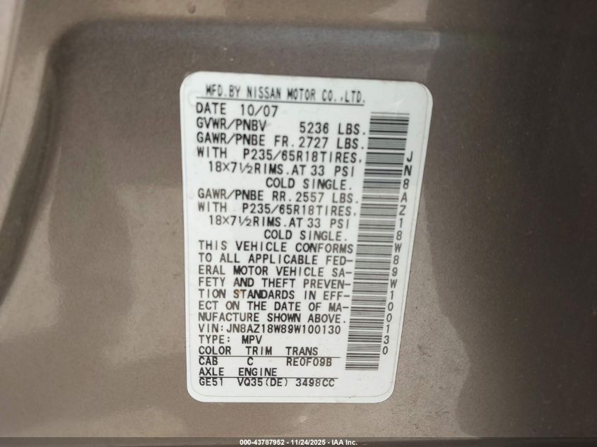 2009 Nissan Murano Sl VIN: JN8AZ18W89W100130 Lot: 43787952