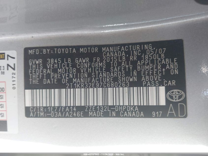 2007 Toyota Matrix VIN: 2T1KR32E97C680263 Lot: 43787953