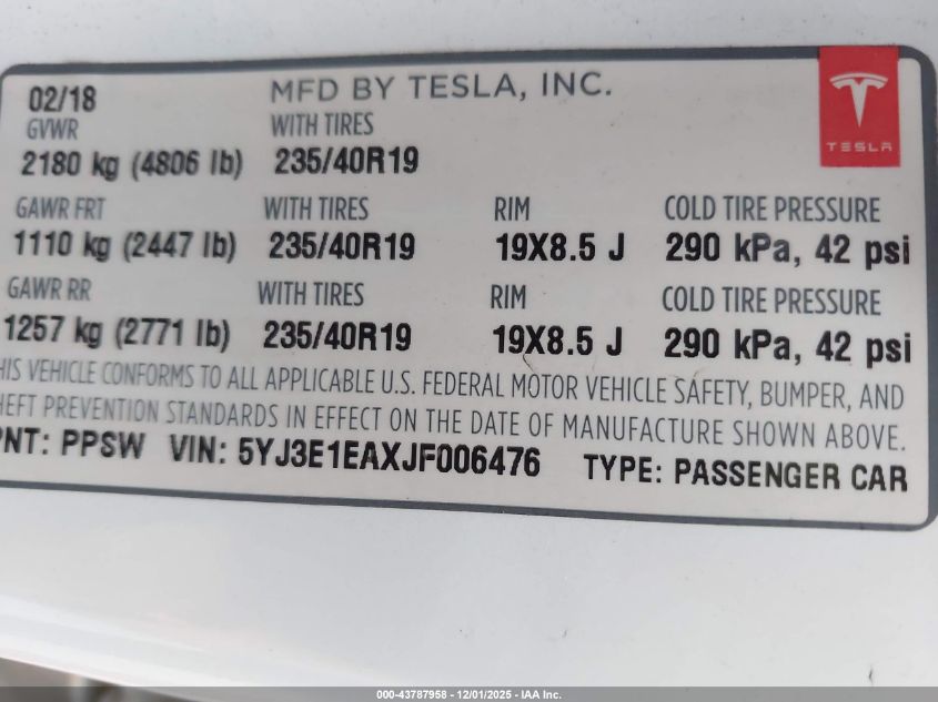 2018 Tesla Model 3 Long Range/Mid Range VIN: 5YJ3E1EAXJF006476 Lot: 43787958