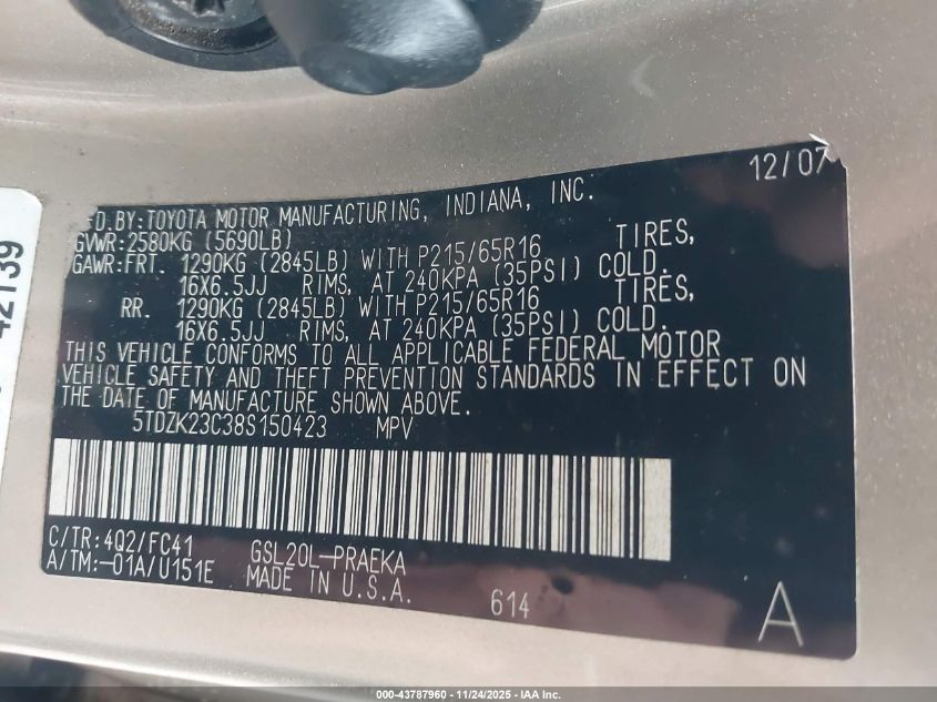 2008 Toyota Sienna Le VIN: 5TDZK23C38S150423 Lot: 43787960