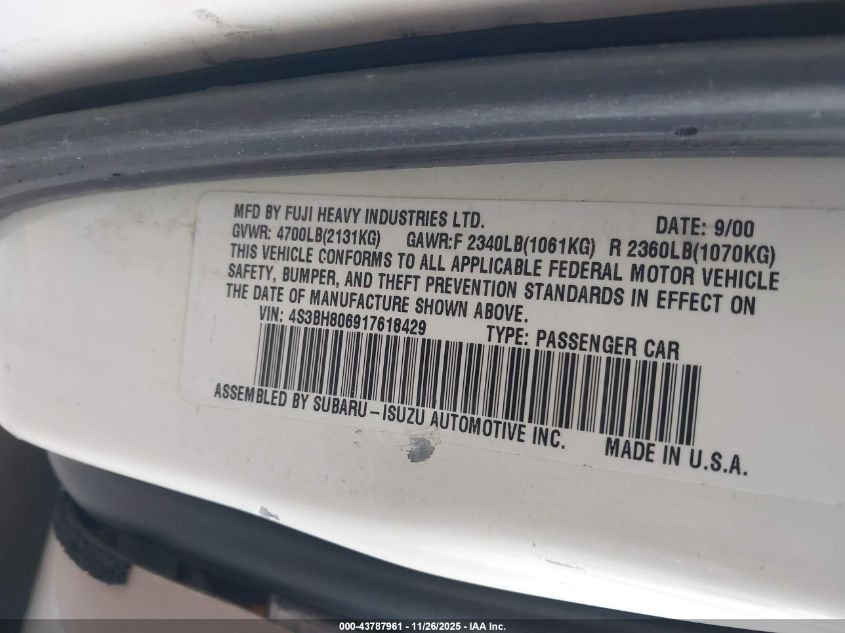 2001 Subaru Outback H6-3.0 VIN: 4S3BH806917618429 Lot: 43787961