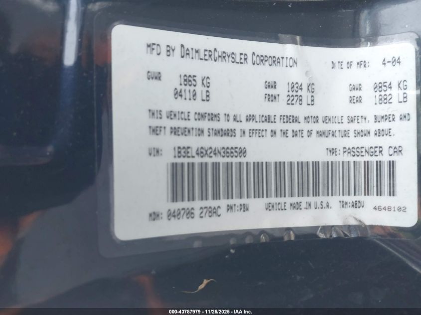 2004 Dodge Stratus Sxt VIN: 1B3EL46X24N366500 Lot: 43787979