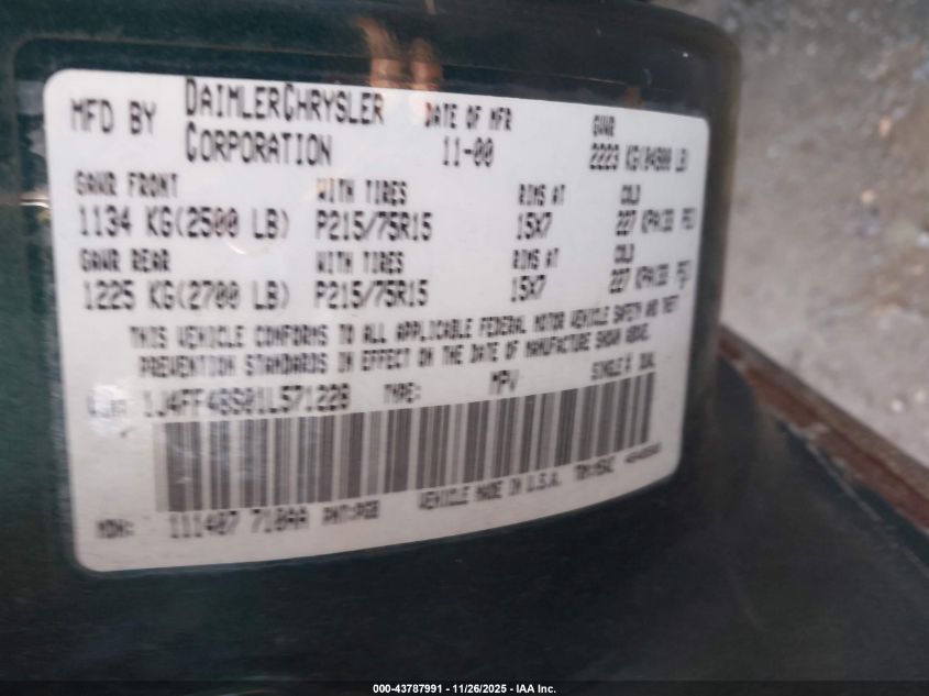 2001 Jeep Cherokee Sport VIN: 1J4FF48S01L571228 Lot: 43787991