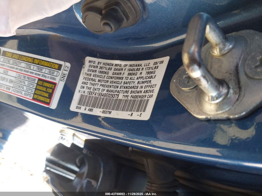 2009 Honda Civic Lx VIN: 19XFA16549E029375 Lot: 43788003