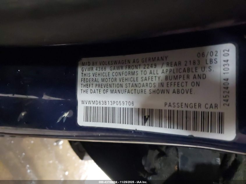 2003 Volkswagen Passat Gl VIN: WVWMD63B13P059706 Lot: 43788004