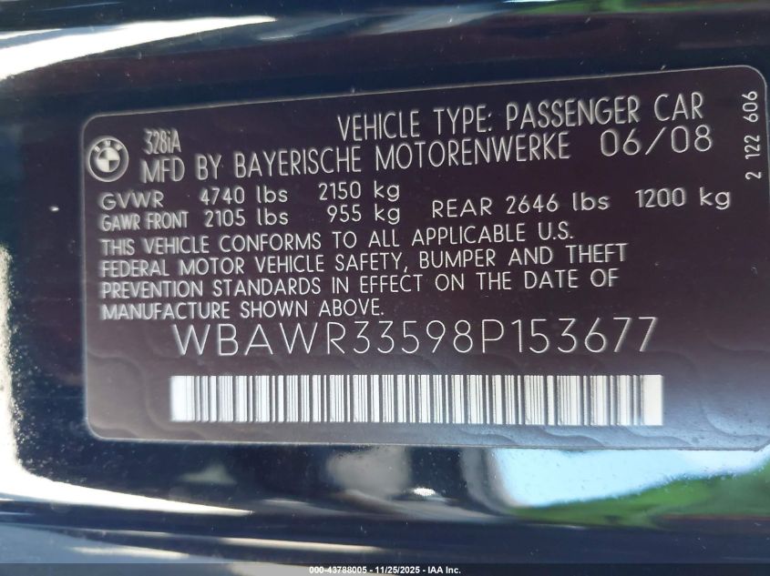 2008 BMW 328I VIN: WBAWR33598P153677 Lot: 43788005