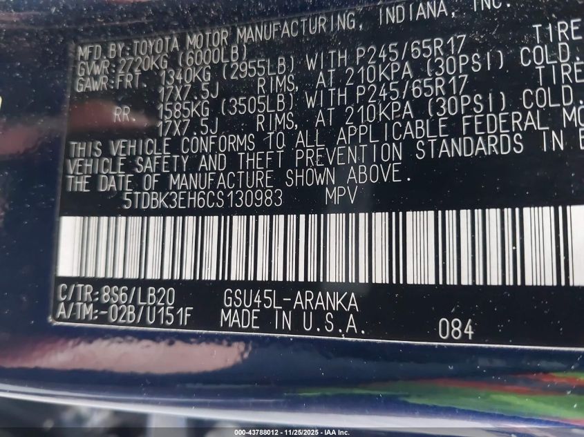 2012 Toyota Highlander Se V6 VIN: 5TDBK3EH6CS130983 Lot: 43788012