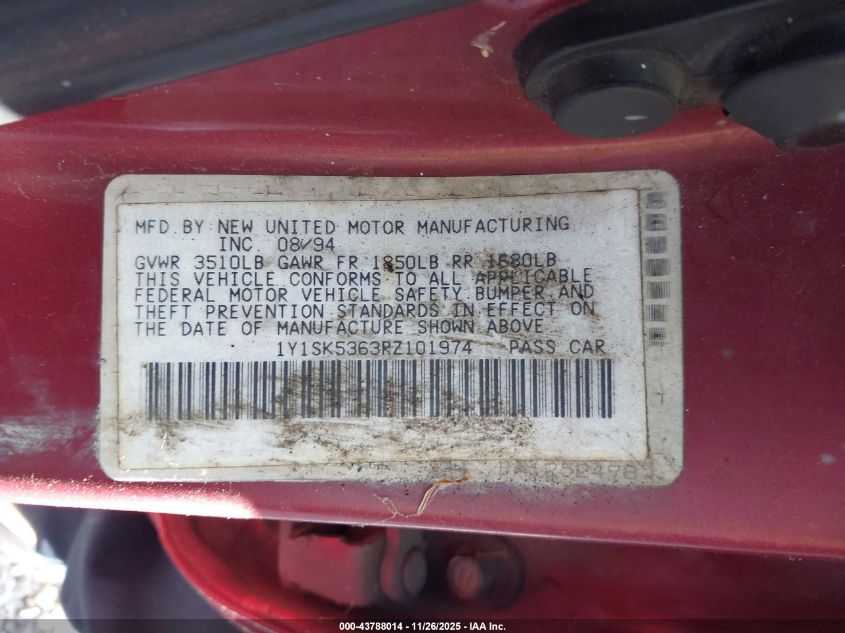 1994 Geo Prizm Lsi VIN: 1Y1SK5363RZ101974 Lot: 43788014