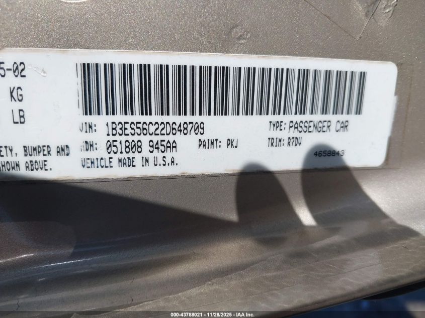 2002 Dodge Neon Sxt VIN: 1B3ES56C22D648709 Lot: 43788021