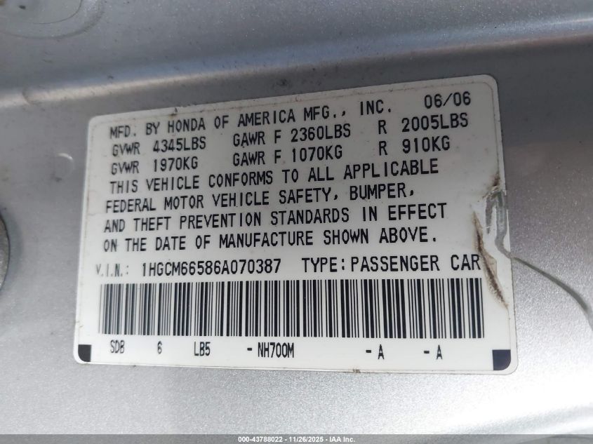 2006 Honda Accord 3.0 Ex VIN: 1HGCM66586A070387 Lot: 43788022