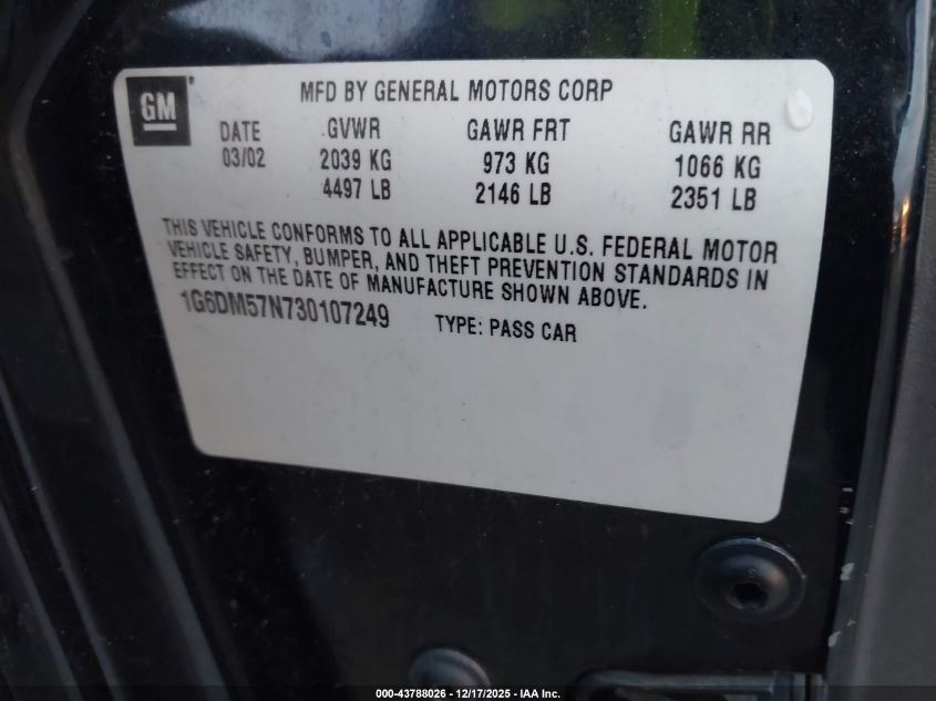 2003 Cadillac Cts Standard VIN: 1G6DM57N730107249 Lot: 43788026