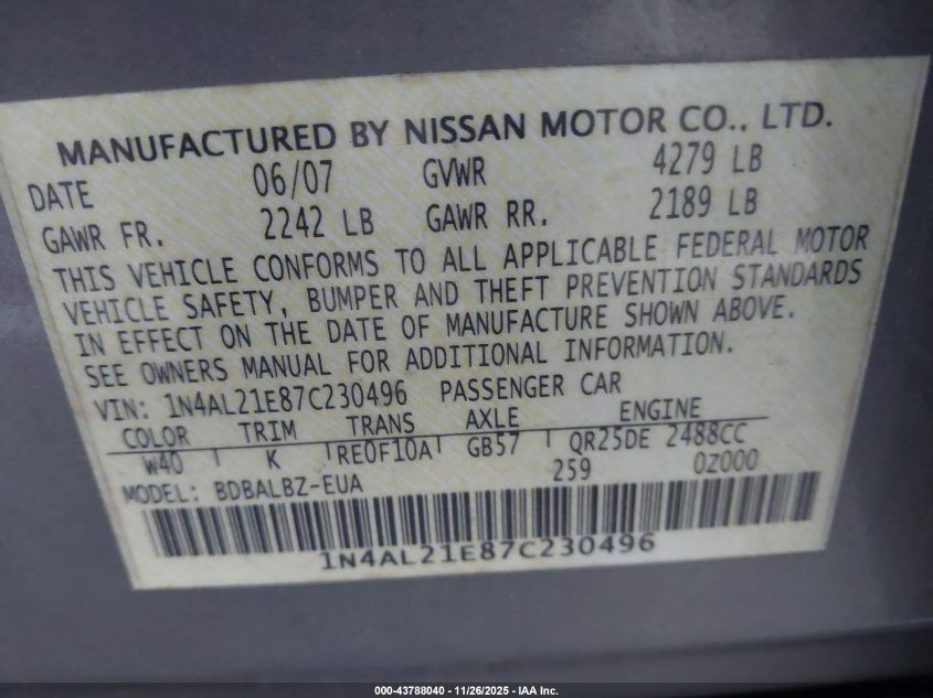 2007 Nissan Altima 2.5 S VIN: 1N4AL21E87C230496 Lot: 43788040