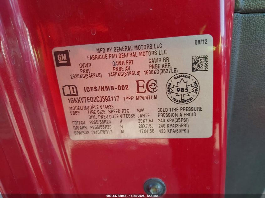 2012 GMC Acadia Denali VIN: 1GKKVTED2CJ392117 Lot: 43788043