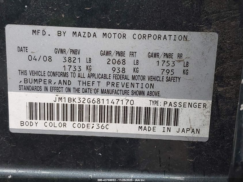 2008 Mazda Mazda3 I Touring Value VIN: JM1BK32G681147170 Lot: 43788053