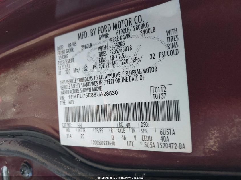 2006 Ford Explorer Limited VIN: 1FMEU75E86UA28830 Lot: 43788065