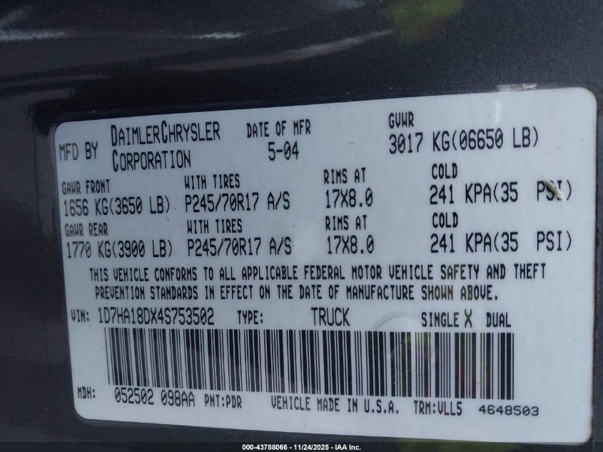 2004 Dodge Ram 1500 Slt/Laramie VIN: 1D7HA18DX4S753502 Lot: 43788066