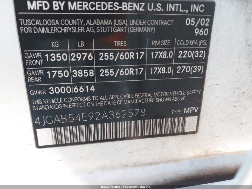 2002 Mercedes-Benz Ml 320 VIN: 4JGAB54E92A362578 Lot: 43788069