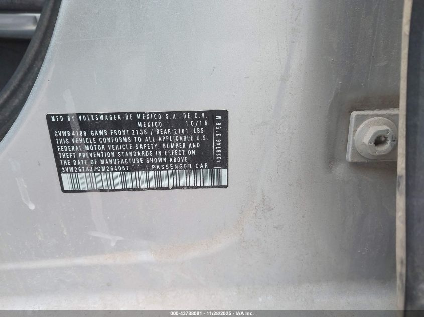 2016 Volkswagen Jetta 1.4T S VIN: 3VW267AJ7GM264067 Lot: 43788081