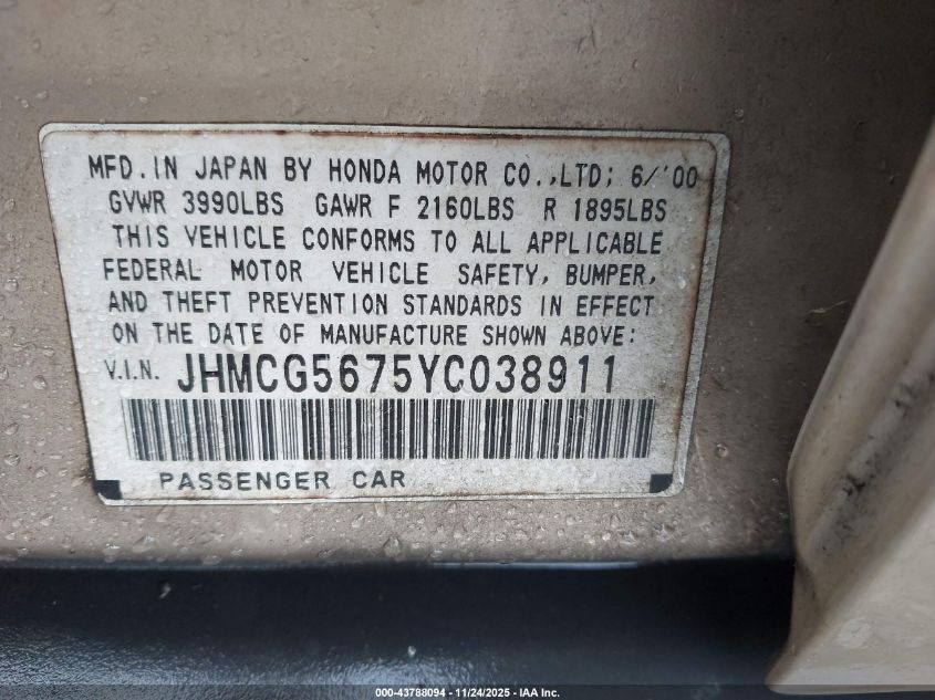 2000 Honda Accord 2.3 Se VIN: JHMCG5675YC038911 Lot: 43788094