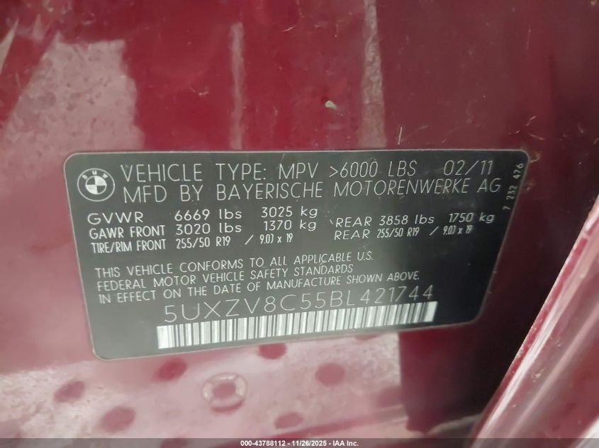 2011 BMW X5 xDrive50I VIN: 5UXZV8C55BL421744 Lot: 43788112