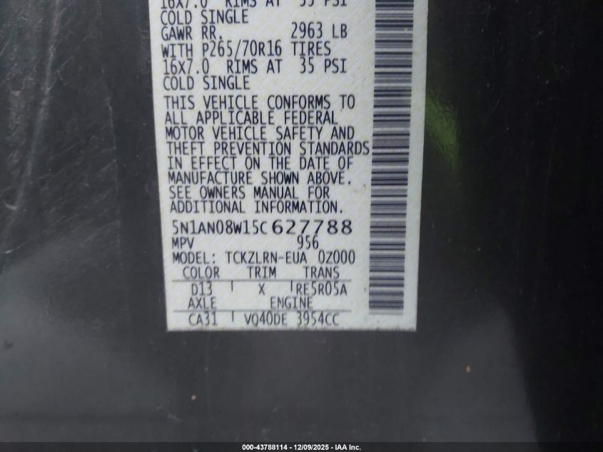 2005 Nissan Xterra S VIN: 5N1AN08W15C627788 Lot: 43788114