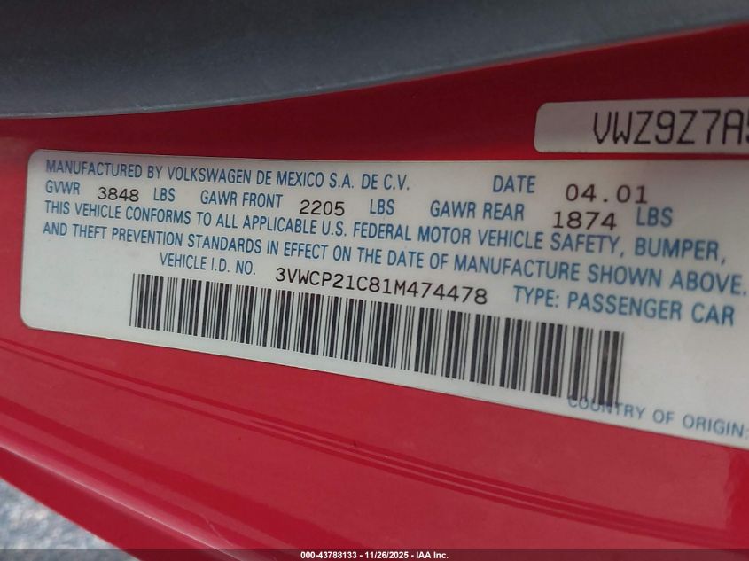 2001 Volkswagen New Beetle Gls Tdi VIN: 3VWCP21C81M474478 Lot: 43788133