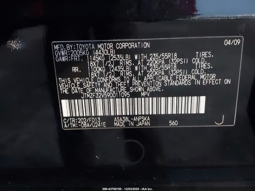 2009 Toyota Rav4 Sport VIN: JTMZF32V59D011095 Lot: 43788150