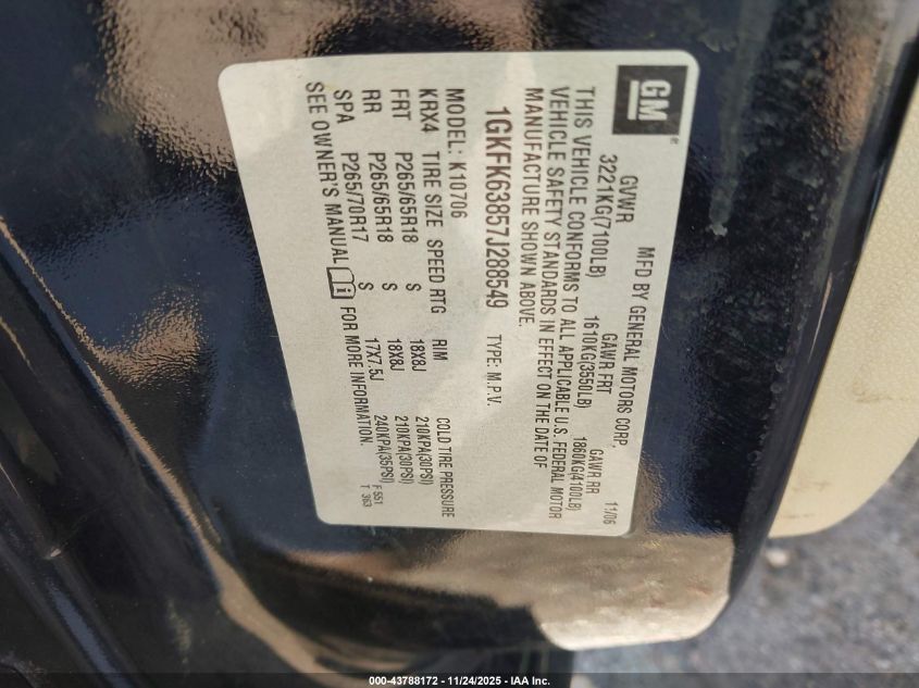 2007 GMC Yukon Denali VIN: 1GKFK63857J288549 Lot: 43788172