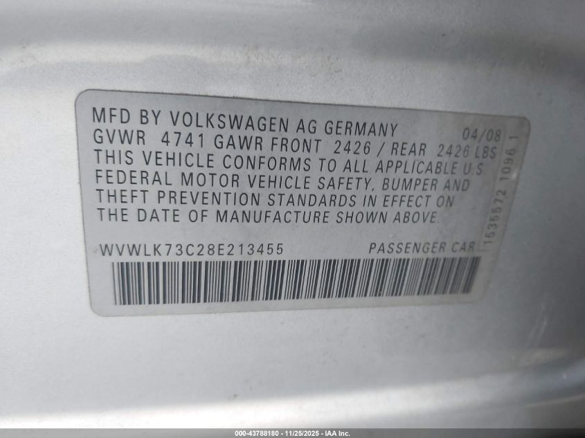 2008 Volkswagen Passat Komfort VIN: WVWLK73C28E213455 Lot: 43788180