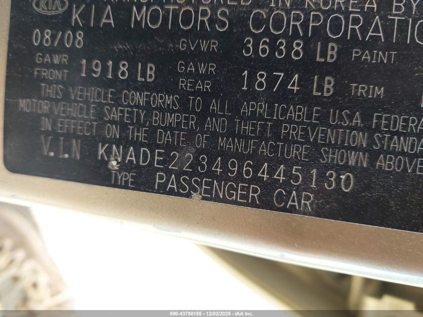 2009 Kia Rio Lx VIN: KNADE223496445130 Lot: 43788185