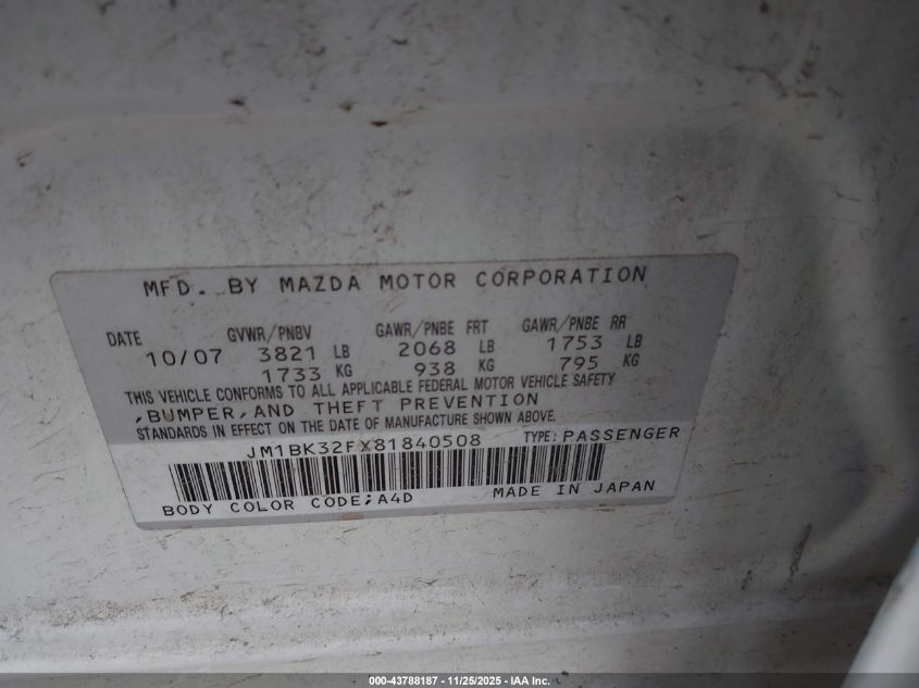 2008 Mazda Mazda3 I VIN: JM1BK32FX81840508 Lot: 43788187