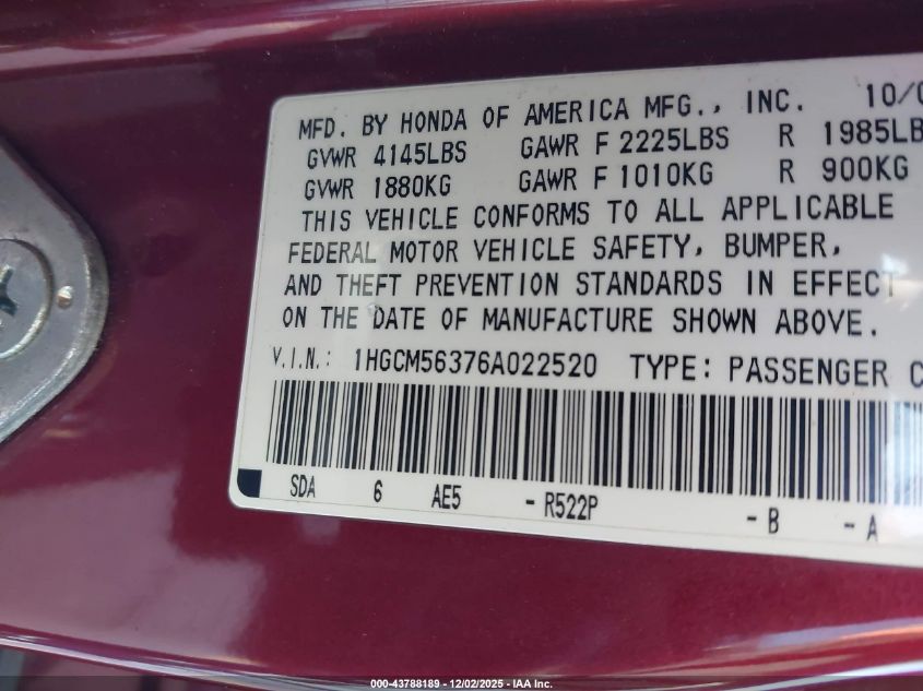 2006 Honda Accord 2.4 Se VIN: 1HGCM56376A022520 Lot: 43788189