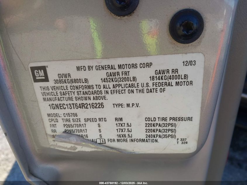 2004 Chevrolet Tahoe Lt VIN: 1GNEC13T64R216226 Lot: 43788192