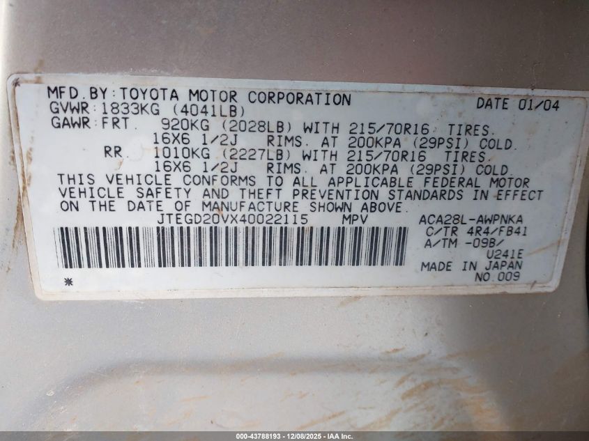 2004 Toyota Rav4 VIN: JTEGD20VX40022115 Lot: 43788193